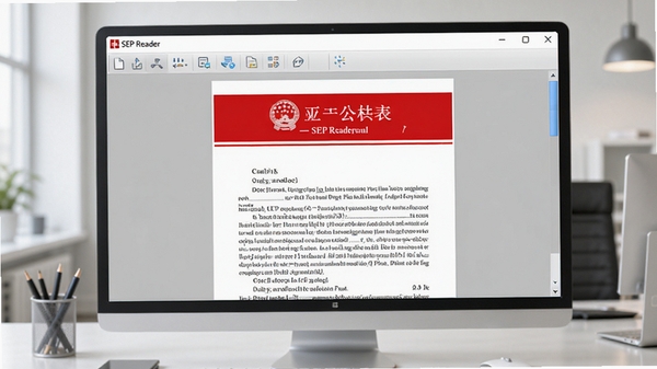 SEP Reader软件界面预览图,屏幕上显示一份标准的红头公文,上方有软件工具栏,背景为简洁的办公室桌面,整体风格清爽专业,高清渲染