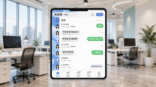 易客聊主界面预览图,展示消息列表与底部导航栏,背景为现代化办公场景,色彩明亮,UI简洁,突出聊天与协作功能