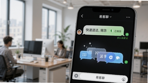 易客聊消息发送界面,显示对话气泡与已读回执,背景为模糊的办公室环境,突出快速送达与多格式消息图标