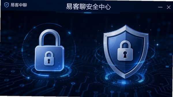 易客聊安全中心界面,展示加密锁图标与防护盾牌,背景为深蓝色科技感纹理,强调数据安全与隐私保护