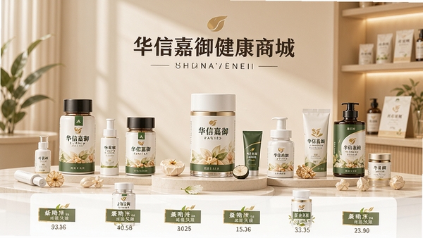 华信嘉御健康商城商品展示页面,各类健康产品整齐排列,标签清晰标注,背景柔和,突出商品细节与品牌标识,高品质电商风格