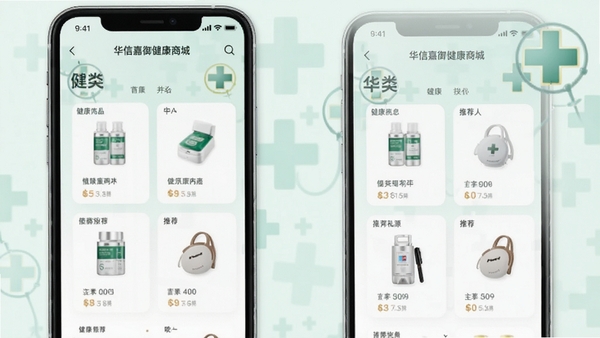 华信嘉御健康商城手机购物界面,展示健康商品分类与推荐商品卡片,背景为淡绿色医疗十字元素,整体风格清新明亮,商品清晰可见,现代简约设计