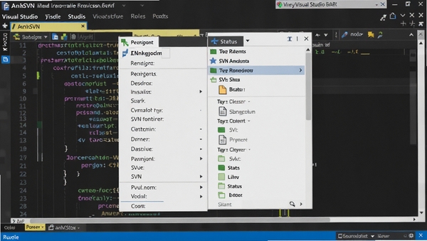 AnkhSVN������Ԥ��ͼ��չʾVisual Studio�м��ɵ�SVN�˵��ʹ����ļ�״̬ͼ�꣬����Ϊ�����Ĵ���༭�����ڣ����廭��רҵ������