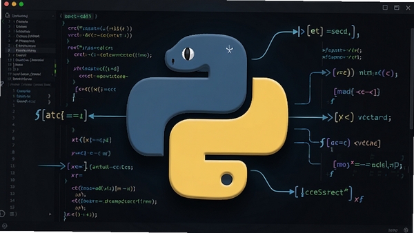 Python 编程语言核心全貌,画面中央显示Python官方Logo(两条交织的蓝黄蛇形图案),背景为现代简约的深色代码编辑器界面,四周环绕着各种编程元素如函数、变量、数据流线条,整体风格科技感十足,高清渲染,细节丰富