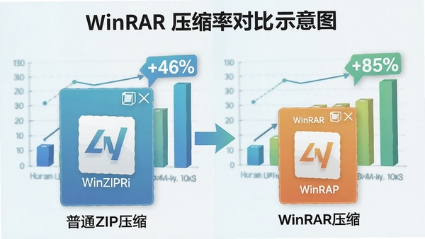 WinRAR ѹ���ʶԱ�ʾ��ͼ�����Ϊ��ͨZIPѹ�������Ҳ�ΪWinRARѹ������������Ը�С������������ͼ���Ͱٷֱȱ�ע��ɫ����ˬ��ͻ����Чѹ�����ص�