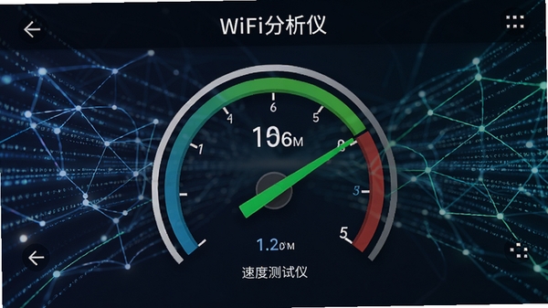WiFi分析仪:速度测试仪测速结果页面,显示下载上传速度仪表盘,绿色指针指向高数值,背景为抽象网络数据流,科技感光效,高清数字渲染