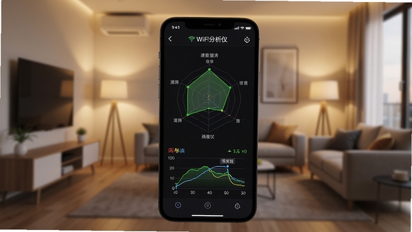 WiFi分析仪:速度测试仪主界面预览图,手机屏幕显示雷达图与信号强度曲线,背景为现代简约客厅,暖色调光线,设备居中构图,高清渲染
