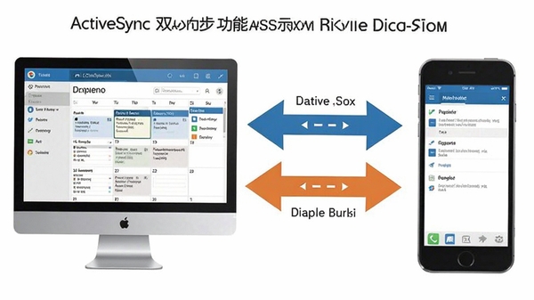 ActiveSync双向同步功能示意图,左边是电脑端日程界面,右边是移动设备界面,中间用箭头表示数据双向流动,背景干净,突出同步过程