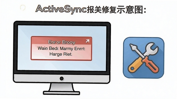 ActiveSync报错修复示意图,电脑屏幕显示错误提示框,旁边有修复工具图标,风格简洁明了