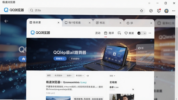 QQ浏览器主界面截图,展示简洁的导航栏、多标签页以及一个现代风格的网页内容区域,背景是模糊的科技感光效,整体画面明亮清晰,突出浏览器的极速与高效