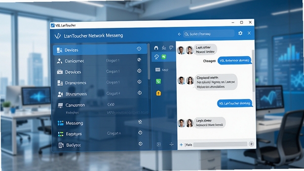 VSL LanToucher Network Messeng 软件主界面预览图,展示简洁的局域网设备列表与聊天窗口布局,背景为现代办公场景,科技蓝主色调,界面清晰明亮,高分辨率,细节丰富