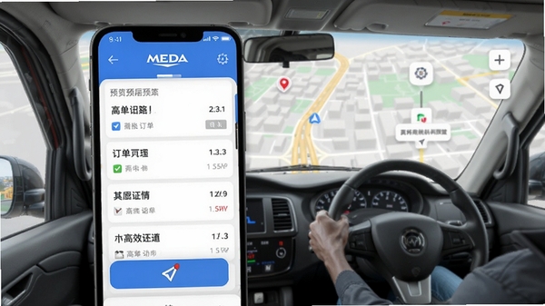 美达司机端主界面预览图,展示清晰的订单列表与导航功能按钮,背景为城市道路地图,整体风格简洁明亮,突出高效接单的核心场景