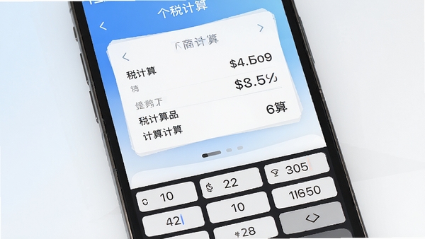 税计算器主界面预览图,一部智能手机屏幕显示清晰的个税计算页面,背景为简约的蓝白渐变色调,数字输入键盘在屏幕下方,界面风格现代简洁,突出计算功能的核心地位