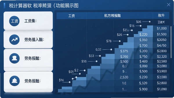 税计算器软件功能展示图,画面左侧列出工资、劳务报酬等收入类型图标,右侧展示复杂的税率阶梯表格,整体设计采用商务蓝色调,数据图表清晰直观,体现软件的智能计算能力