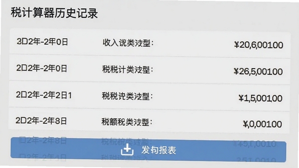 税计算器历史记录页面截图,展示多条计算记录列表,每条记录包含日期、收入类型和税额摘要,底部有导出报表的按钮图标,界面背景为淡灰色,风格务实简洁
