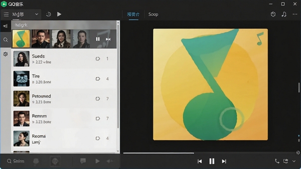 QQ音乐电脑版主界面截图,展示左侧歌曲列表和右侧封面大图,深色背景,界面现代简洁,音乐播放软件,高清画面,产品预览图