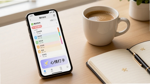 栖欢软件在手机桌面上运行的效果图,背景是一张整洁的办公桌,手机屏幕清晰显示着带有彩色标签的日程列表和心情打卡图标,旁边放着一杯咖啡和一本笔记本,光线柔和,整体画面传递出高效与舒适的生活状态。