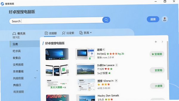 好卓搜搜电脑版主界面预览图,展示简洁的搜索框、分类导航栏与搜索结果列表,背景为浅蓝色渐变,整体风格现代清爽,软件名称显示在界面左上角