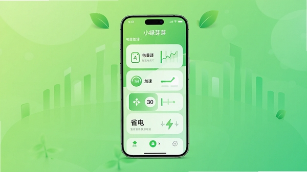小绿芽守护助手主界面预览图,画面以绿色为主色调,展示电量管理、加速、省电模式等核心功能模块,背景为清新渐变绿色,手机居中显示,UI风格现代简约,整体明亮通透。