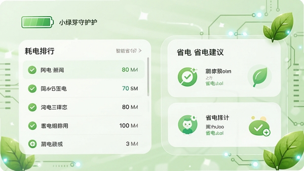 小绿芽守护助手智能省电界面示意图,左侧为耗电排行列表,右侧为省电建议卡片,背景为浅绿色科技感界面,电量图标和绿叶元素点缀,风格干净清新。