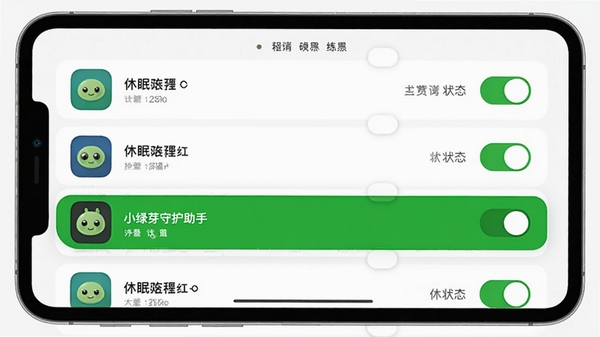 小绿芽守护助手应用休眠管理界面,列表展示休眠应用图标和状态开关,绿色滑块突出显示,背景为白色卡片式布局,整体简洁直观。
