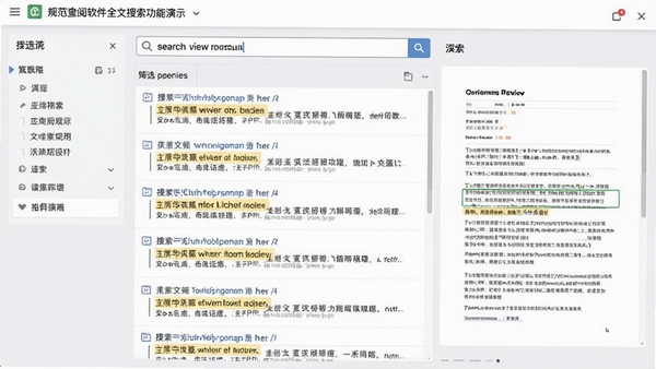 规范查阅软件全文搜索功能演示,搜索框内输入关键词,下方列表展示多条搜索结果并高亮关键词,左侧为筛选条件面板,右侧为文档预览区域,界面以浅灰与白色为主色调,信息展示清晰直观
