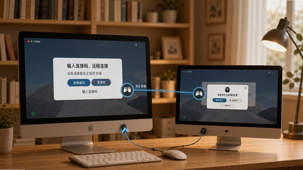 零距离KX伴侣远程连接建立过程示意图,画面中一台电脑屏幕显示输入连接码界面,另一台电脑显示接受连接弹窗,背景为家庭书房环境,色调温馨,突出操作便捷性
