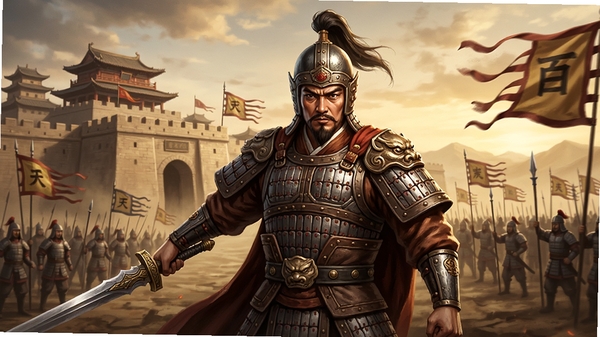 百战天下游戏整体预览图,画面中央是古代将军角色,身披铠甲,手持长剑,背景是巍峨的城池和战旗,远处有军队列阵,整体风格写实,色调偏暖,突出热血战斗氛围,画面比例16:9,高清画质