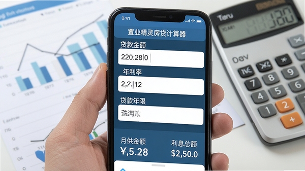 手机屏幕显示置业精灵房贷计算器界面,包含贷款金额、年利率、贷款年限等输入框,下方清晰展示月供金额和利息总额,背景为简洁的财务图表与计算器元素,整体风格专业且易懂