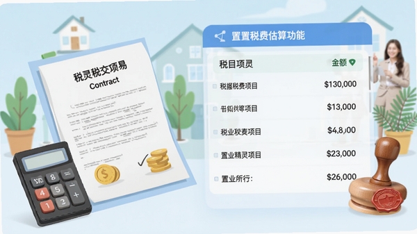 置业精灵税费估算功能界面,展示各类税费项目列表及金额,背景为房产交易场景插画,包括合同、计算器与印章元素,色彩清新,信息层级分明