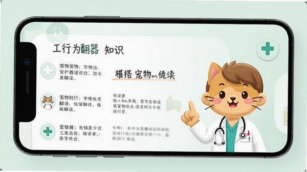 宠物语言翻译器百科知识界面示意图,手机UI界面展示猫咪行为解读文章,配以卡通兽医形象与简洁的图标,背景为淡绿色医疗风格,画面干净整洁