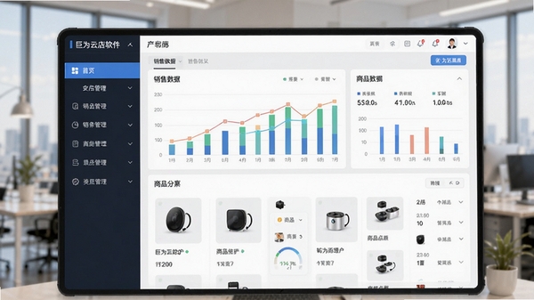 巨为云店软件主界面预览图,画面展示一个现代化的店铺管理后台,左侧为功能导航栏,右侧为销售数据图表与商品列表,整体风格简洁明亮,色彩搭配专业,背景为模糊的办公场景,突出软件的实用性与专业性