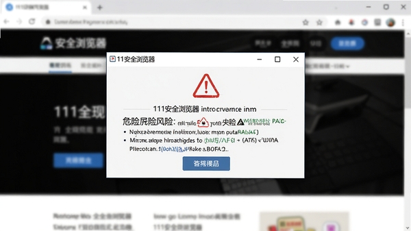 111安全浏览器正在拦截一个危险网站的警示页面弹窗,红色的警告标识与详细的风险说明文字,背景为模糊处理的网页内容
