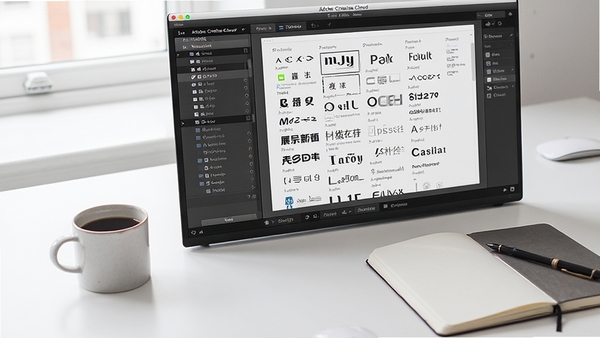 Adobe Creative Cloud字体库界面,展示多种字体预览列表,背景为干净的白色工作台,旁边摆放咖啡杯与笔记本,整体风格简约明亮,突出字体样式与排版细节