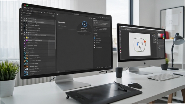 Adobe Creative Cloud主界面截图,展示软件管理列表与更新提示,背景为现代创意工作室环境,桌面摆放数位板与显示器,画面清晰明亮,突出软件界面的整洁与专业感