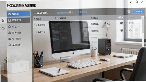 涉案车辆管理系统主界面截图,左侧功能导航栏,右侧车辆信息列表,背景为办公桌面,整体风格简洁专业