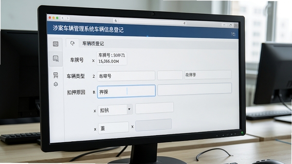 涉案车辆管理系统车辆信息登记界面,包含车牌号、车辆类型、扣押原因等表单字段,背景为办公电脑屏幕,界面清晰专业