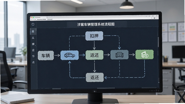涉案车辆管理系统流程图界面,展示车辆从扣押到返还的全过程节点,背景为办公室环境,图表清晰,逻辑严谨