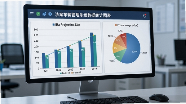 涉案车辆管理系统数据统计图表,包含柱状图与饼图,背景为电脑屏幕,数据可视化效果良好