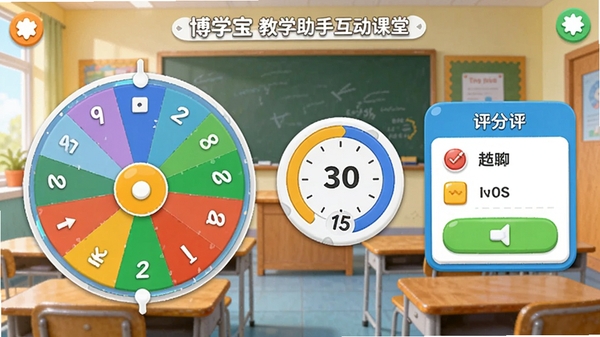博学宝教学助手互动课堂工具界面,展示随机点名转盘、计时器、评分面板等元素,背景为教室场景,色彩明亮活泼,体现课堂互动性与趣味性