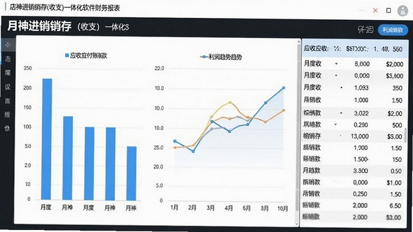 店神进销存(收支)一体化软件财务报表界面,展示月度收支柱状图与利润趋势折线图,旁边有应收应付账款明细列表,整体风格清晰易读