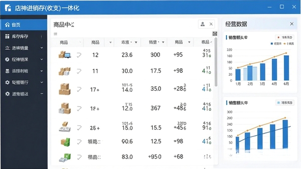 店神进销存(收支)一体化软件主界面预览图,展示左侧功能菜单栏、中央商品列表与右侧经营数据看板,整体风格简洁商务,色彩以蓝白为主,屏幕显示库存数量与销售额图表