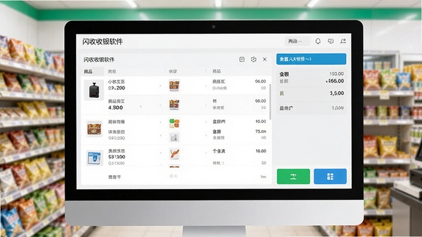 闪收收银软件主界面预览图,画面主体为电脑显示器中显示的简洁收银台操作面板,包含商品列表、金额汇总和功能按钮,背景为模糊的便利店货架场景,整体风格明亮清晰,突出软件易用性