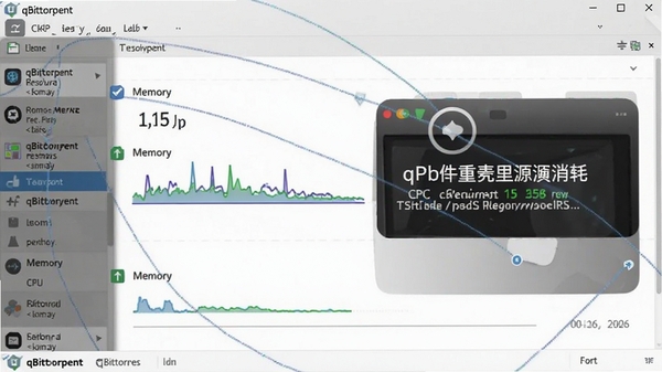 qBittorrent资源占用示意图,画面展示系统任务管理器中CPU与内存占用率较低,背景为软件主界面,风格简洁,重点突出低资源消耗的特点