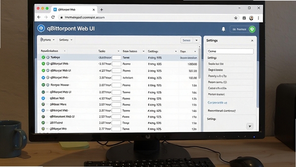 qBittorrent Web UI远程管理界面,展示在浏览器中打开的管理页面,任务列表和设置选项清晰可见,背景为浏览器窗口,风格写实,突出远程控制的便利性