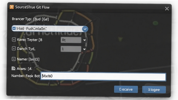 SourceTree Git Flow 功能截图,展示创建功能分支的对话框,包含分支类型选择与命名输入框,界面简洁,按钮清晰