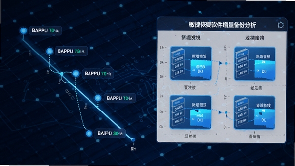 敏捷恢复软件增量备份功能示意图,画面左侧为时间轴上的多个备份节点,右侧显示数据块对比分析图表,蓝色高亮标记新增或修改的数据区域,背景采用科技感十足的深蓝色网格,突出数据安全与高效备份的主题