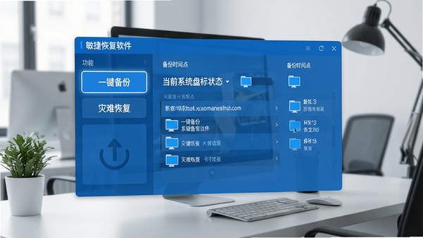 敏捷恢复软件主界面预览图,展示简洁的蓝色调操作面板,左侧功能栏突出“一键备份”与“灾难恢复”按钮,右侧显示当前系统盘符状态与备份时间点列表,背景为现代化的办公桌面环境,风格写实清晰