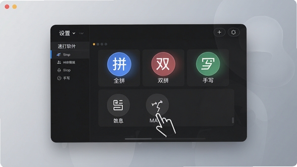 速打软件多种输入模式切换预览图,画面展示设置界面中全拼、双拼、手写等图标选项,背景为柔和渐变灰色调,设计简洁现代