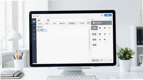 速打软件主界面预览图,展示简洁的输入条与候选词窗口,背景为现代办公桌面,浅色调,画面主体居中,风格明亮清晰